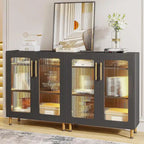 Meuble de buffet à 5 niveaux avec portes en acrylique et éclairage LED – Blanc, MDF, pieds en métal, télécommande
