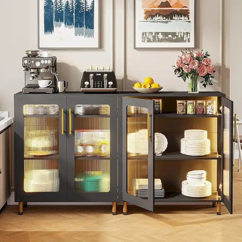 Meuble de buffet à 5 niveaux avec portes en acrylique et éclairage LED – Blanc, MDF, pieds en métal, télécommande