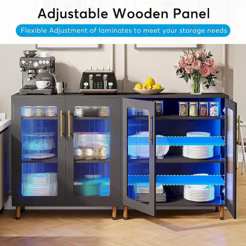 Meuble de buffet à 5 niveaux avec portes en acrylique et éclairage LED – Blanc, MDF, pieds en métal, télécommande