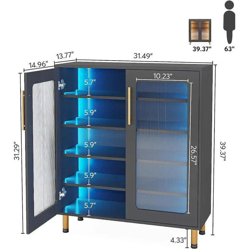 Meuble de buffet à 5 niveaux avec portes en acrylique et éclairage LED – Blanc, MDF, pieds en métal, télécommande