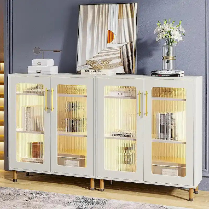 Meuble de buffet à 5 niveaux avec portes en acrylique et éclairage LED – Blanc, MDF, pieds en métal, télécommande