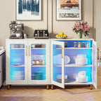 Meuble de buffet à 5 niveaux avec portes en acrylique et éclairage LED – Blanc, MDF, pieds en métal, télécommande