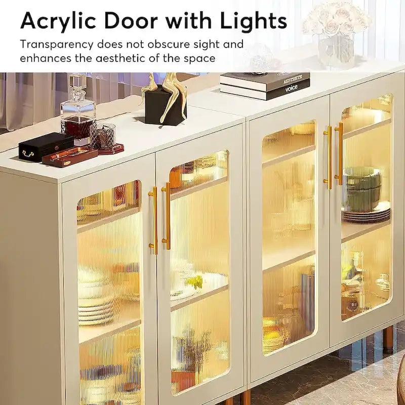 Meuble de buffet à 5 niveaux avec portes en acrylique et éclairage LED – Blanc, MDF, pieds en métal, télécommande