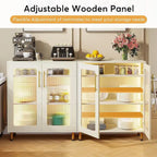 Meuble de buffet à 5 niveaux avec portes en acrylique et éclairage LED – Blanc, MDF, pieds en métal, télécommande