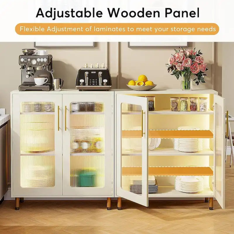 Meuble de buffet à 5 niveaux avec portes en acrylique et éclairage LED – Blanc, MDF, pieds en métal, télécommande