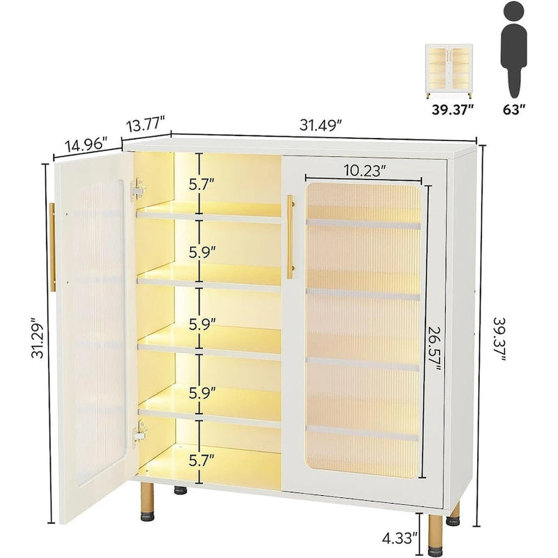 Meuble de buffet à 5 niveaux avec portes en acrylique et éclairage LED – Blanc, MDF, pieds en métal, télécommande
