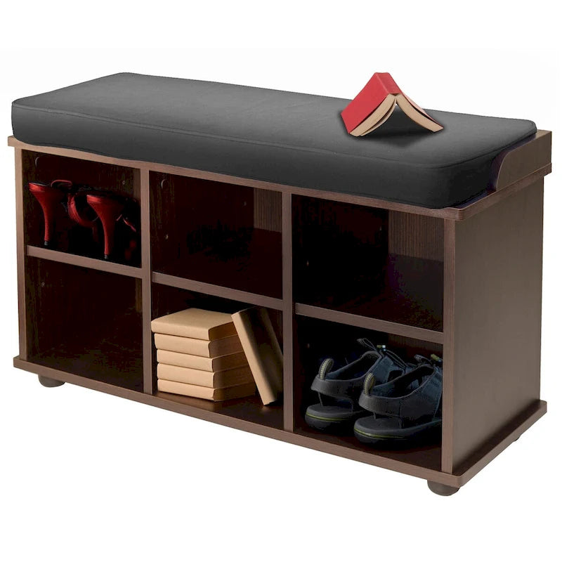 Banc de rangement 6 cubes avec coussin en tissu – Espresso / Noir, Bois massif, 1 place assise