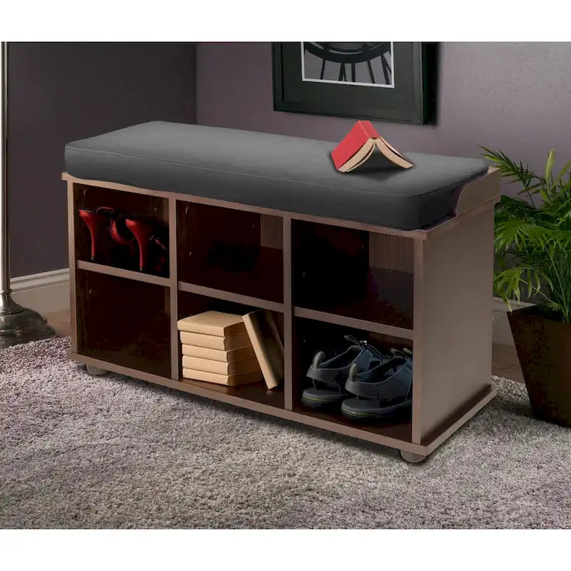 Banc de rangement 6 cubes avec coussin en tissu – Espresso / Noir, Bois massif, 1 place assise
