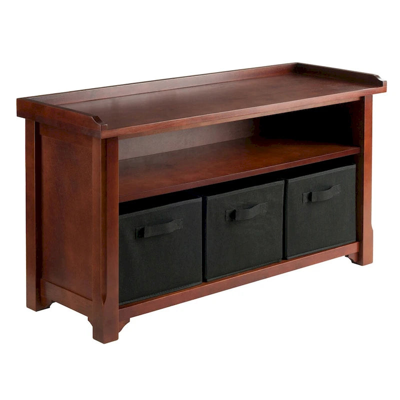 Verona 4-Pc Storage Bench with 3 Foldable Fabric Baskets, Walnut and Black - 40 x 14.2 x 22 inches