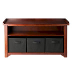 Banc de rangement avec 3 paniers pliables et étagère ouverte – Noyer et noir, bois massif, 1 place