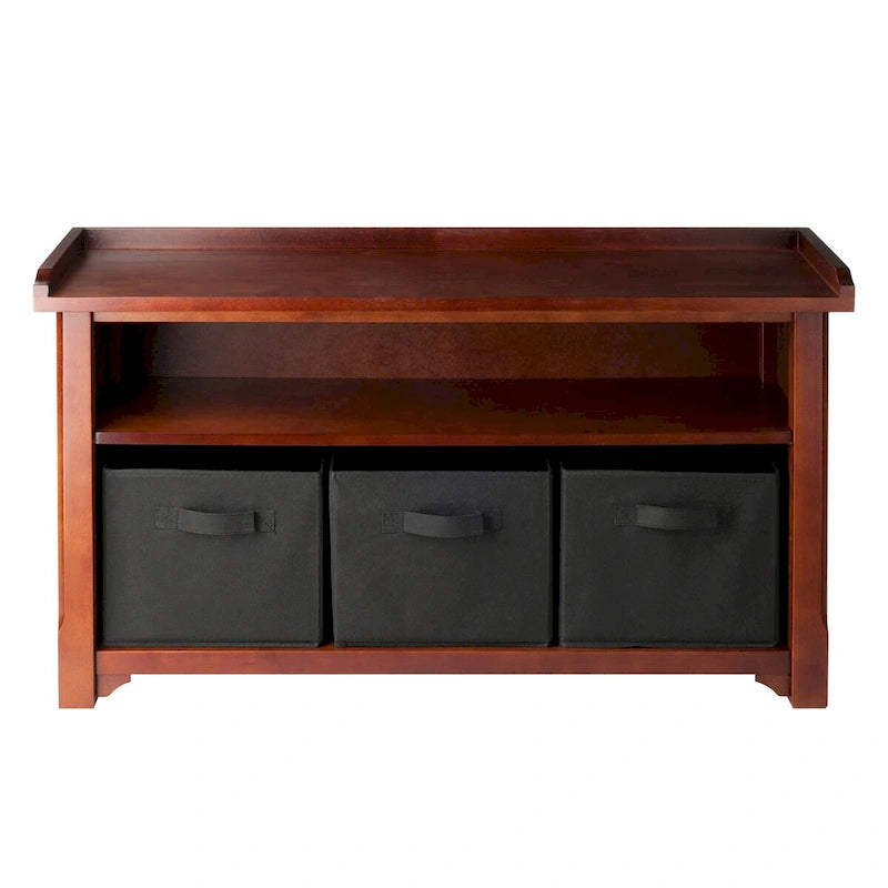 Banc de rangement avec 3 paniers pliables et étagère ouverte – Noyer et noir, bois massif, 1 place