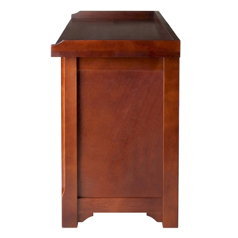Banc de rangement avec 3 paniers pliables et étagère ouverte – Noyer et noir, bois massif, 1 place