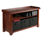 Banc de rangement avec 3 paniers pliables et étagère ouverte – Noyer et noir, bois massif, 1 place
