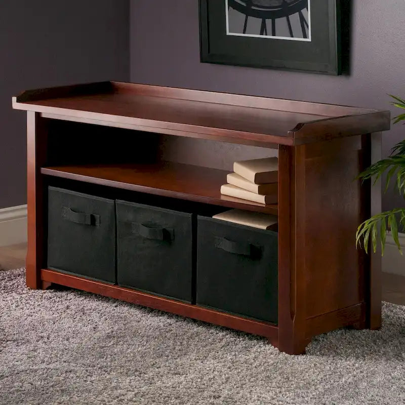 Banc de rangement avec 3 paniers pliables et étagère ouverte – Noyer et noir, bois massif, 1 place