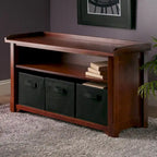 Banc de rangement avec 3 paniers pliables et étagère ouverte – Noyer et noir, bois massif, 1 place