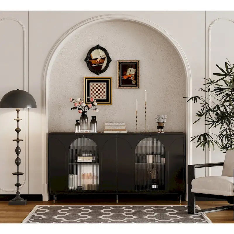 Meuble d'appoint à portes en verre cannelé – Noir, MDF, Style minimaliste