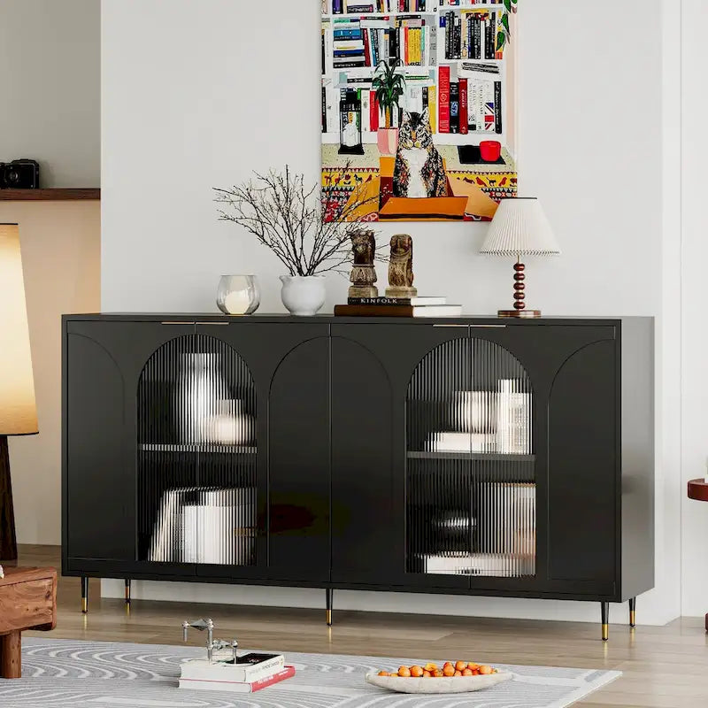 Meuble d'appoint à portes en verre cannelé – Noir, MDF, Style minimaliste