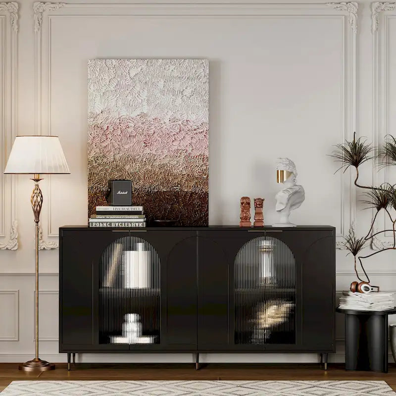 Meuble d'appoint à portes en verre cannelé – Noir, MDF, Style minimaliste