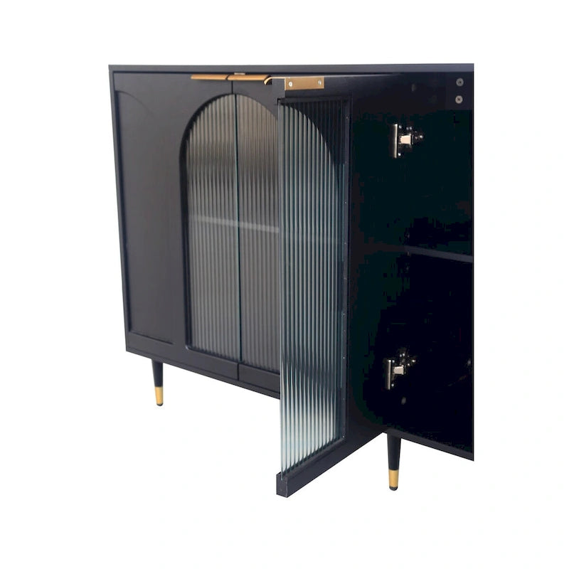 Meuble d'appoint à portes en verre cannelé – Noir, MDF, Style minimaliste