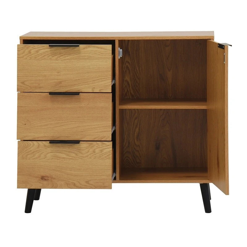 Armoire de rangement avec 3 tiroirs et étagère réglable – Naturel, pieds en bois