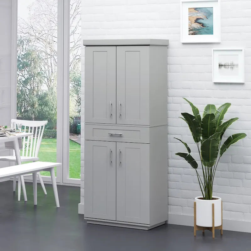 Armoire de cuisine haute avec 2 portes, tiroir et étagères réglables – Taupe, Panneau de particules, Anti-basculement, 183 cm de hauteur