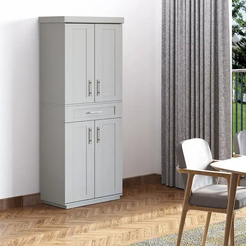 Armoire de cuisine haute avec 2 portes, tiroir et étagères réglables – Taupe, Panneau de particules, Anti-basculement, 183 cm de hauteur