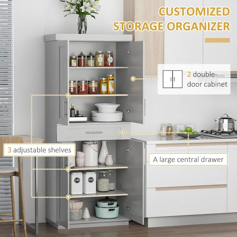 Armoire de cuisine haute avec 2 portes, tiroir et étagères réglables – Taupe, Panneau de particules, Anti-basculement, 183 cm de hauteur