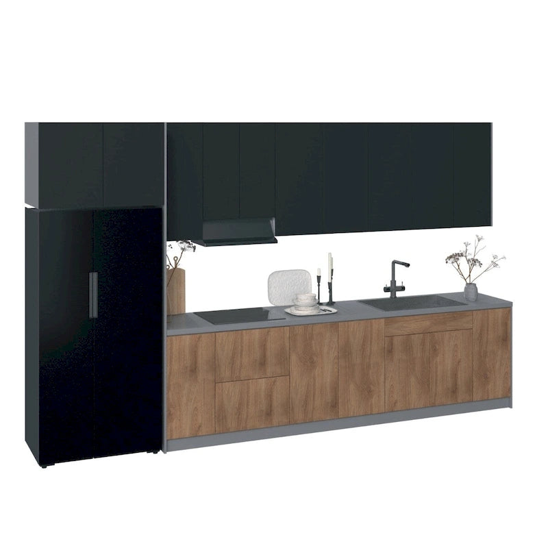 Ensemble de Meubles de Cuisine Modulaires avec Portes à Fermeture Douce et Tiroirs Coulissants – Noir / Blanc / Argent / Beige, Panneaux de Particules