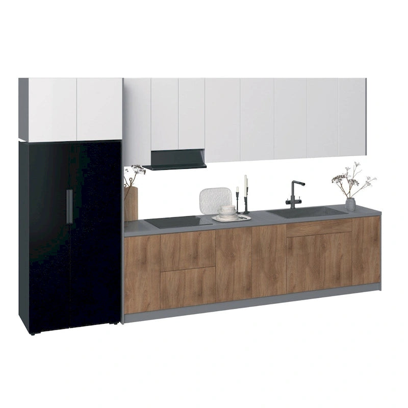 Ensemble de Meubles de Cuisine Modulaires avec Portes à Fermeture Douce et Tiroirs Coulissants – Noir / Blanc / Argent / Beige, Panneaux de Particules