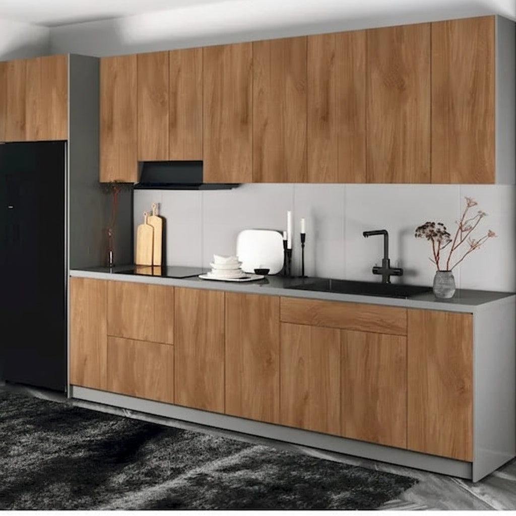 Ensemble de Meubles de Cuisine Modulaires avec Portes à Fermeture Douce et Tiroirs Coulissants – Noir / Blanc / Argent / Beige, Panneaux de Particules