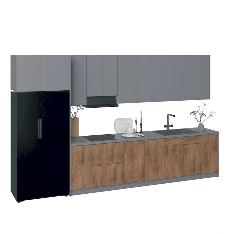 Ensemble de Meubles de Cuisine Modulaires avec Portes à Fermeture Douce et Tiroirs Coulissants – Noir / Blanc / Argent / Beige, Panneaux de Particules