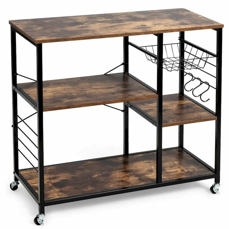 Étagère de boulanger à roulettes à 3 niveaux avec panier et crochets en S – Marron, structure métallique, 4 roues, style industriel
