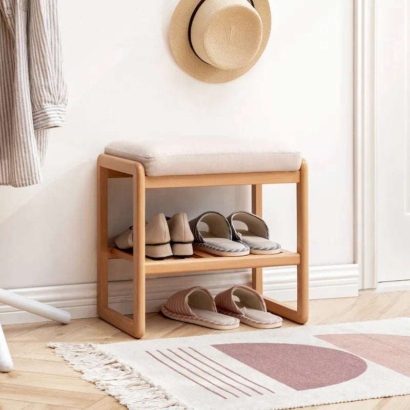 Banc à chaussures en bois avec étagère de rangement – Bois naturel, 1 place assise