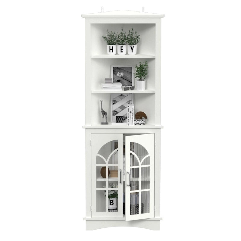 Meuble de Rangement d'Angle 5 Niveaux avec Porte et Étagères Réglables – Blanc, MDF, Verre Antique, 160,8 cm de Hauteur
