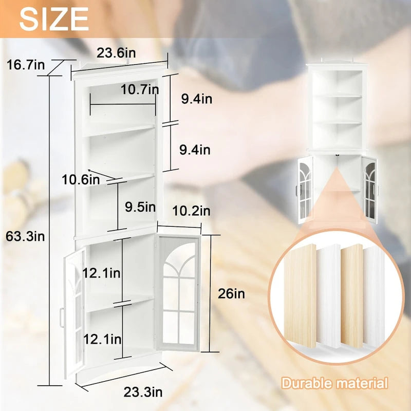 Meuble de Rangement d'Angle 5 Niveaux avec Porte et Étagères Réglables – Blanc, MDF, Verre Antique, 160,8 cm de Hauteur