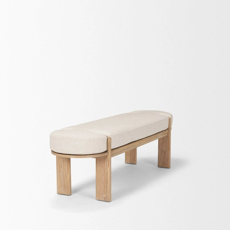 Banc en bois d'orme massif avec coussin en tissu – Avoine/Marron clair, 1 place