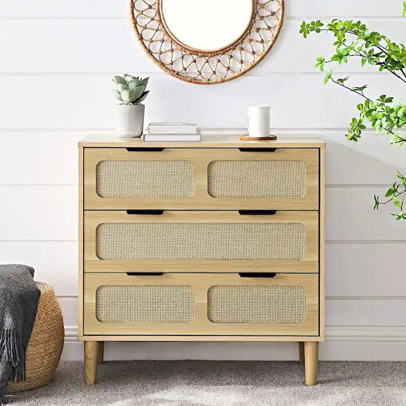 Commode 3 tiroirs en rotin avec poignées métalliques – Noyer / Noir, MDF et bois massif, Style Ferme