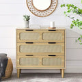 Commode 3 tiroirs en rotin avec poignées métalliques – Noyer / Noir, MDF et bois massif, Style Ferme