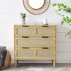 Commode 3 tiroirs en rotin avec poignées métalliques – Noyer / Noir, MDF et bois massif, Style Ferme
