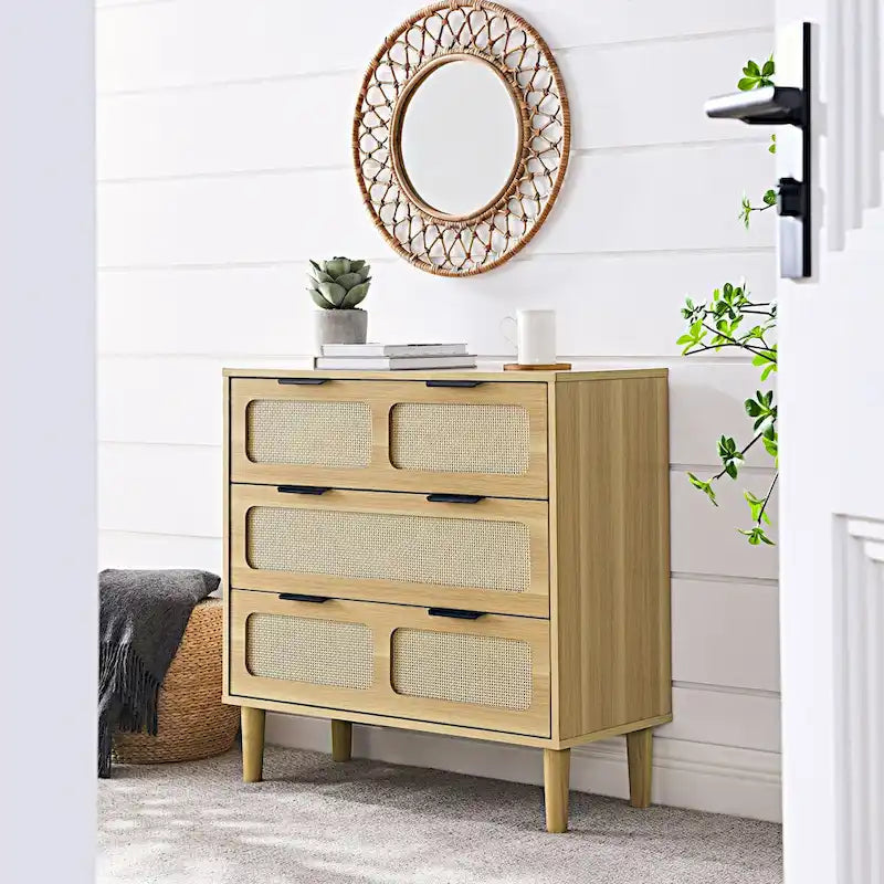 Commode 3 tiroirs en rotin avec poignées métalliques – Noyer / Noir, MDF et bois massif, Style Ferme