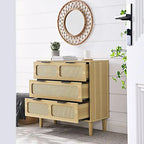 Commode 3 tiroirs en rotin avec poignées métalliques – Noyer / Noir, MDF et bois massif, Style Ferme