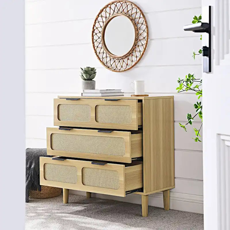 Commode 3 tiroirs en rotin avec poignées métalliques – Noyer / Noir, MDF et bois massif, Style Ferme