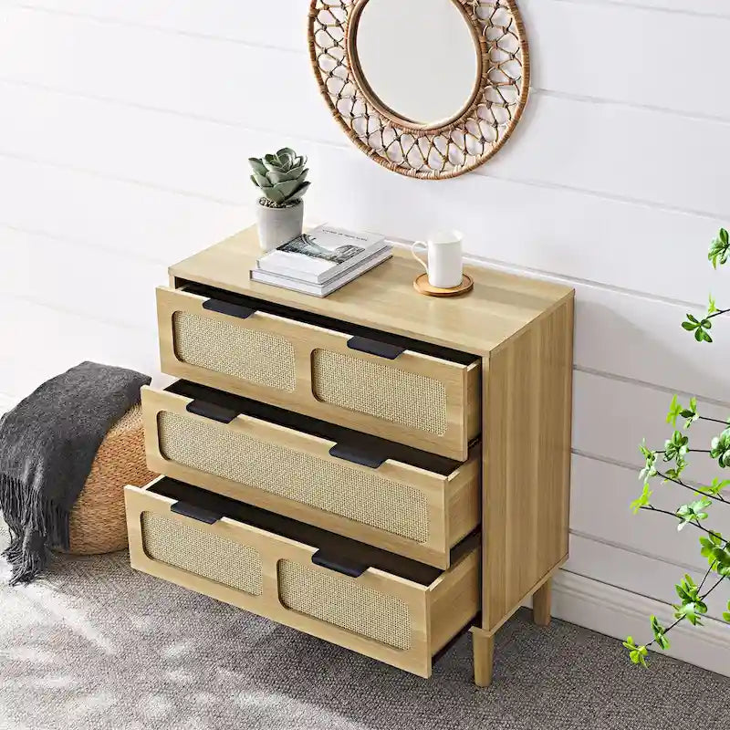 Commode 3 tiroirs en rotin avec poignées métalliques – Noyer / Noir, MDF et bois massif, Style Ferme