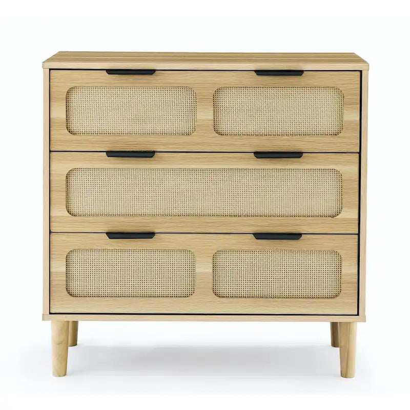 Commode 3 tiroirs en rotin avec poignées métalliques – Noyer / Noir, MDF et bois massif, Style Ferme