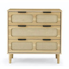 Commode 3 tiroirs en rotin avec poignées métalliques – Noyer / Noir, MDF et bois massif, Style Ferme