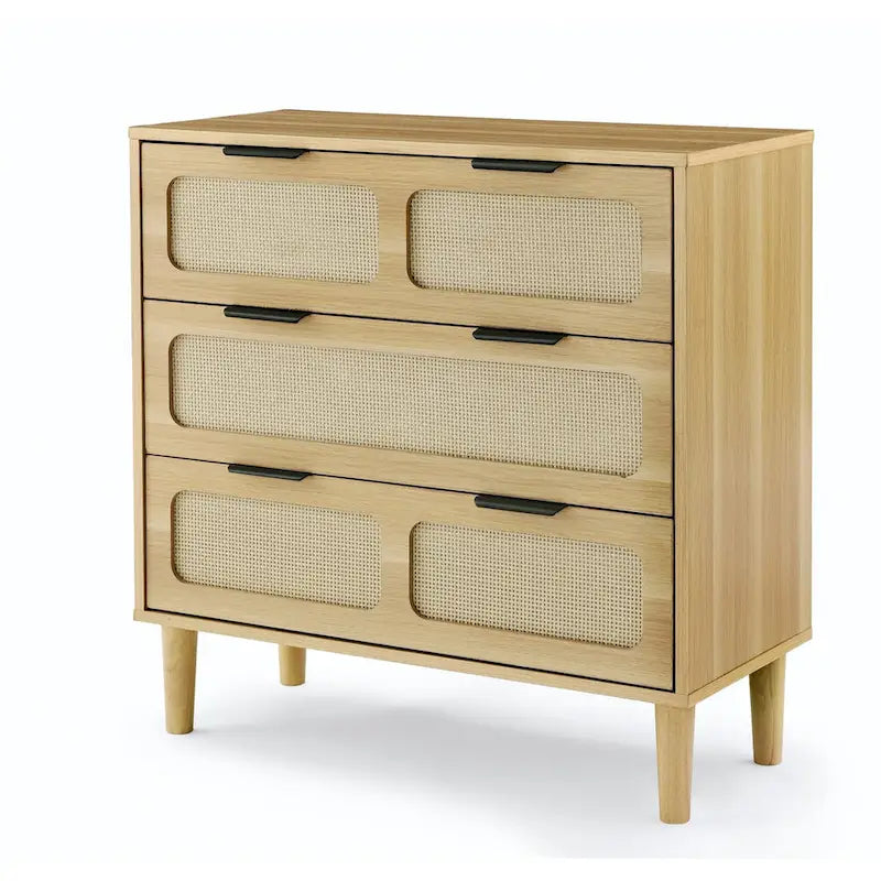 Commode 3 tiroirs en rotin avec poignées métalliques – Noyer / Noir, MDF et bois massif, Style Ferme
