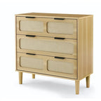 Commode 3 tiroirs en rotin avec poignées métalliques – Noyer / Noir, MDF et bois massif, Style Ferme