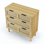 Commode 3 tiroirs en rotin avec poignées métalliques – Noyer / Noir, MDF et bois massif, Style Ferme