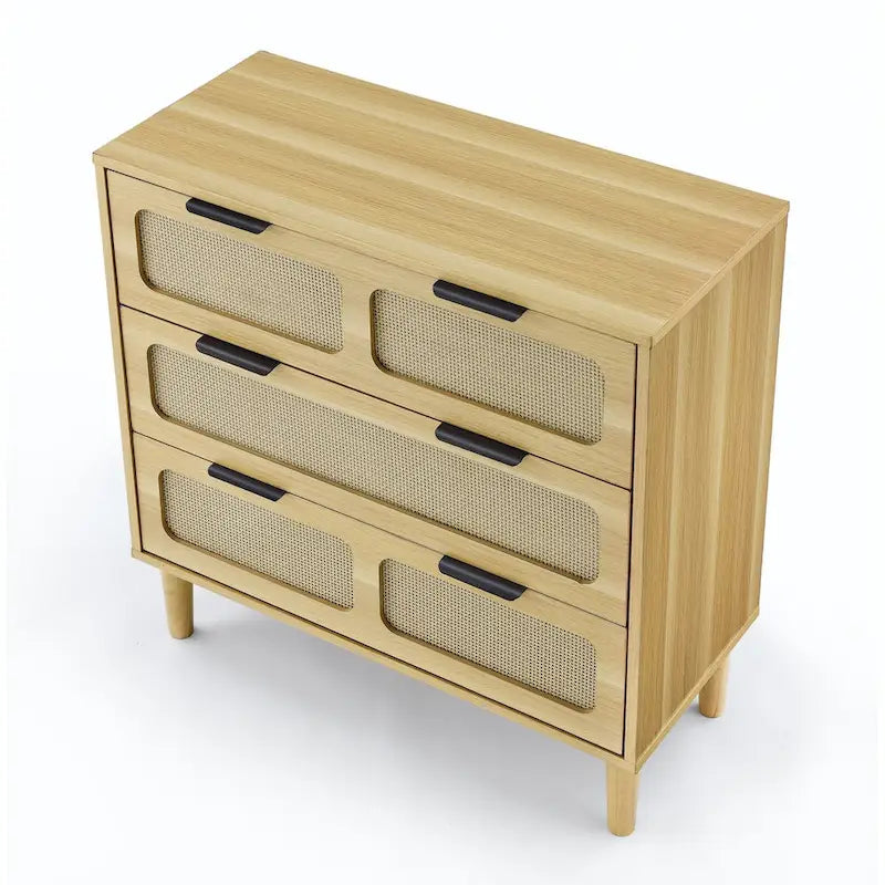 Commode 3 tiroirs en rotin avec poignées métalliques – Noyer / Noir, MDF et bois massif, Style Ferme