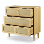 Commode 3 tiroirs en rotin avec poignées métalliques – Noyer / Noir, MDF et bois massif, Style Ferme